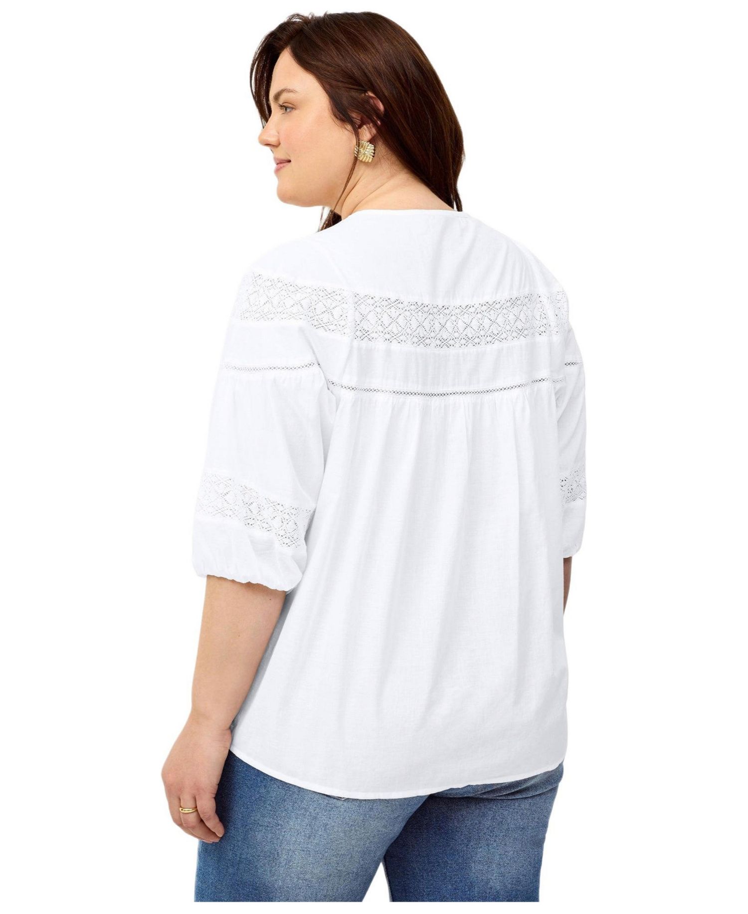 Women's 100% Cotton A-Line Three-Quarter Sleeve Keyhole Neck Blouse With Crochet Trim