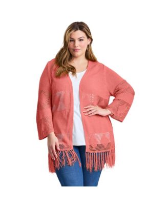 Women's Plus Size Pointelle Fringe Cardigan