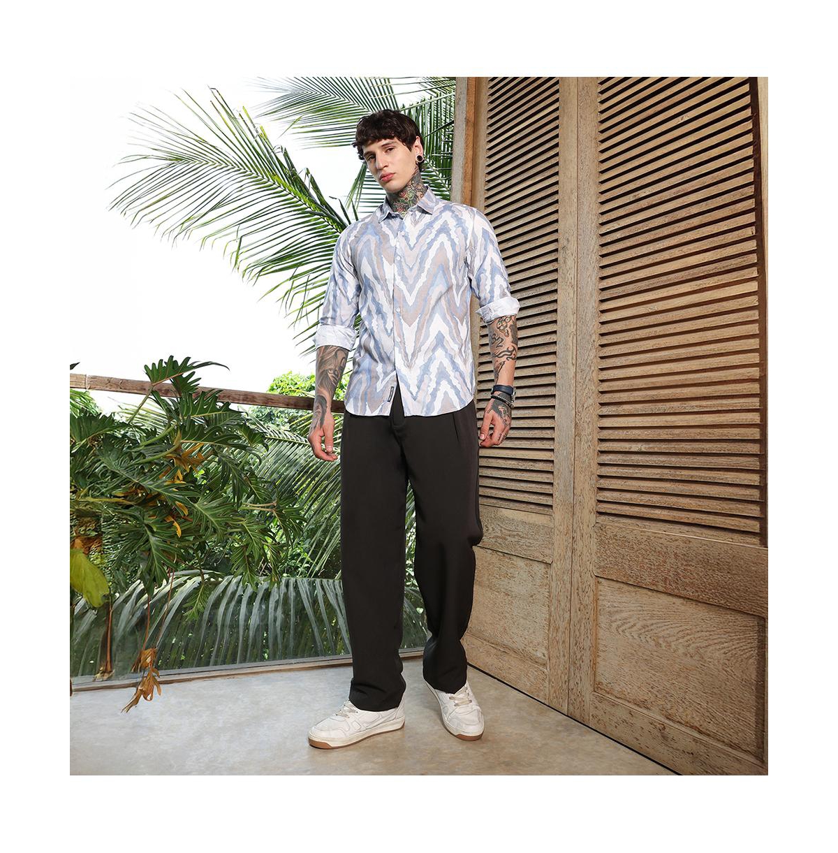 Campus Sutra Men's Icy Blue:Cream White Pastel-Geometric Jacquard Shirt