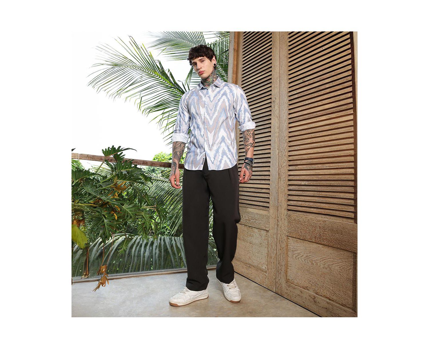 Men's Icy Blue:Cream White Pastel-Geometric Jacquard Shirt