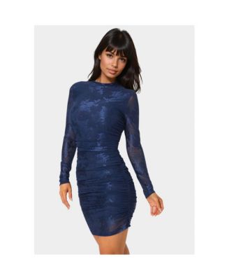 Womens Jacquard Mesh Long Sleeve Shirred Dress