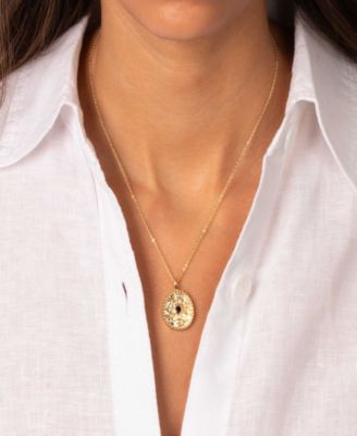 Blue Cubic Zirconia Gold Plated Textured Coin Necklace
