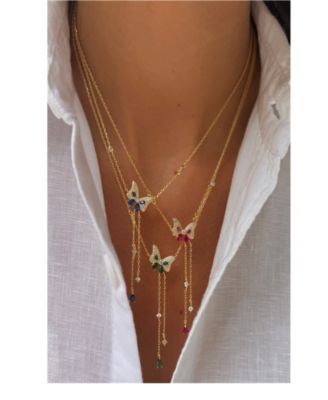 Colored Pave Butterfly Cubic Zirconia Station Lariat Necklace