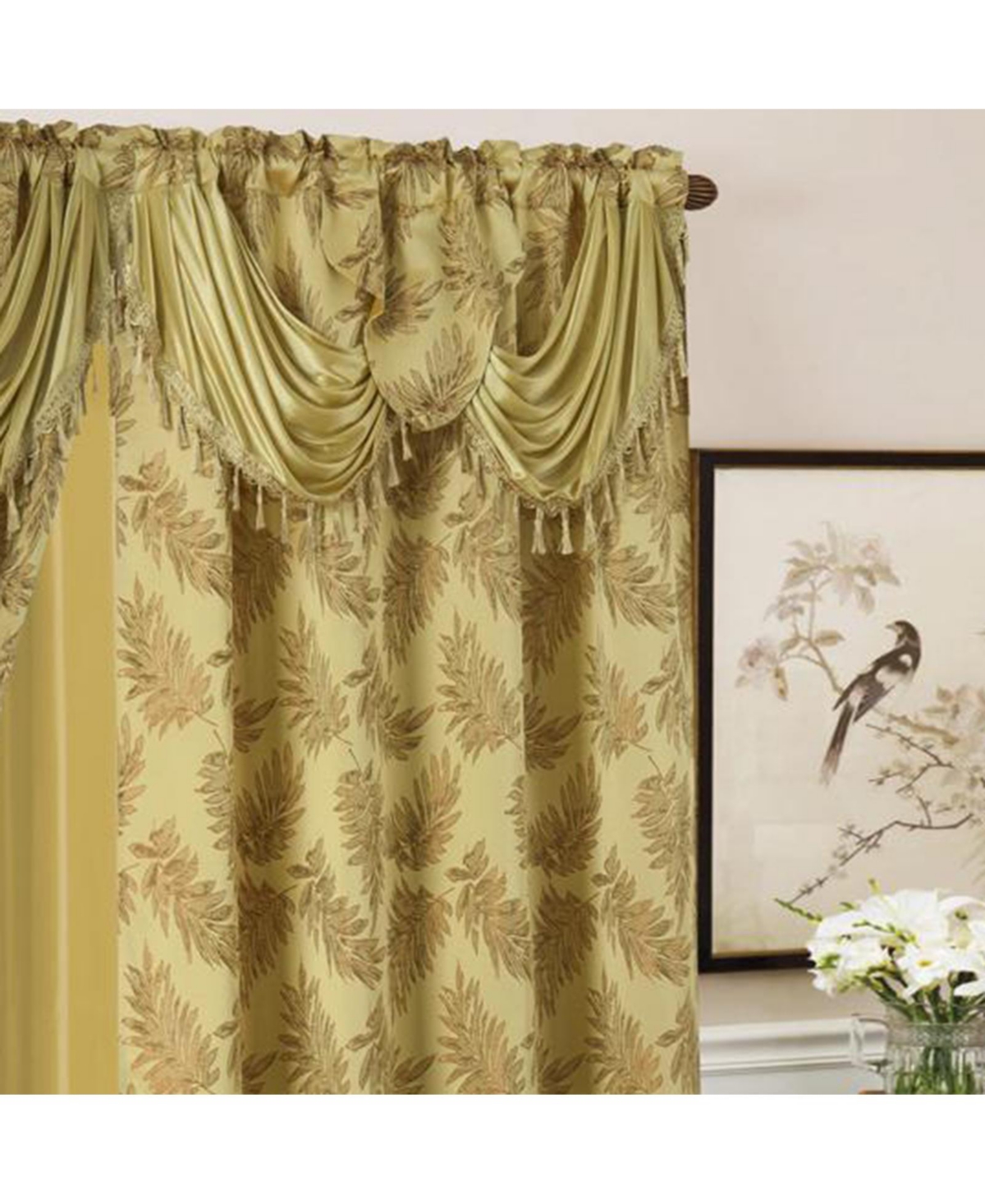 Olivia Gray Ramallah Trading Palm Floral Textured Jacquard Single Rod Pocket Curtain Panel - 54 x 84, Gold