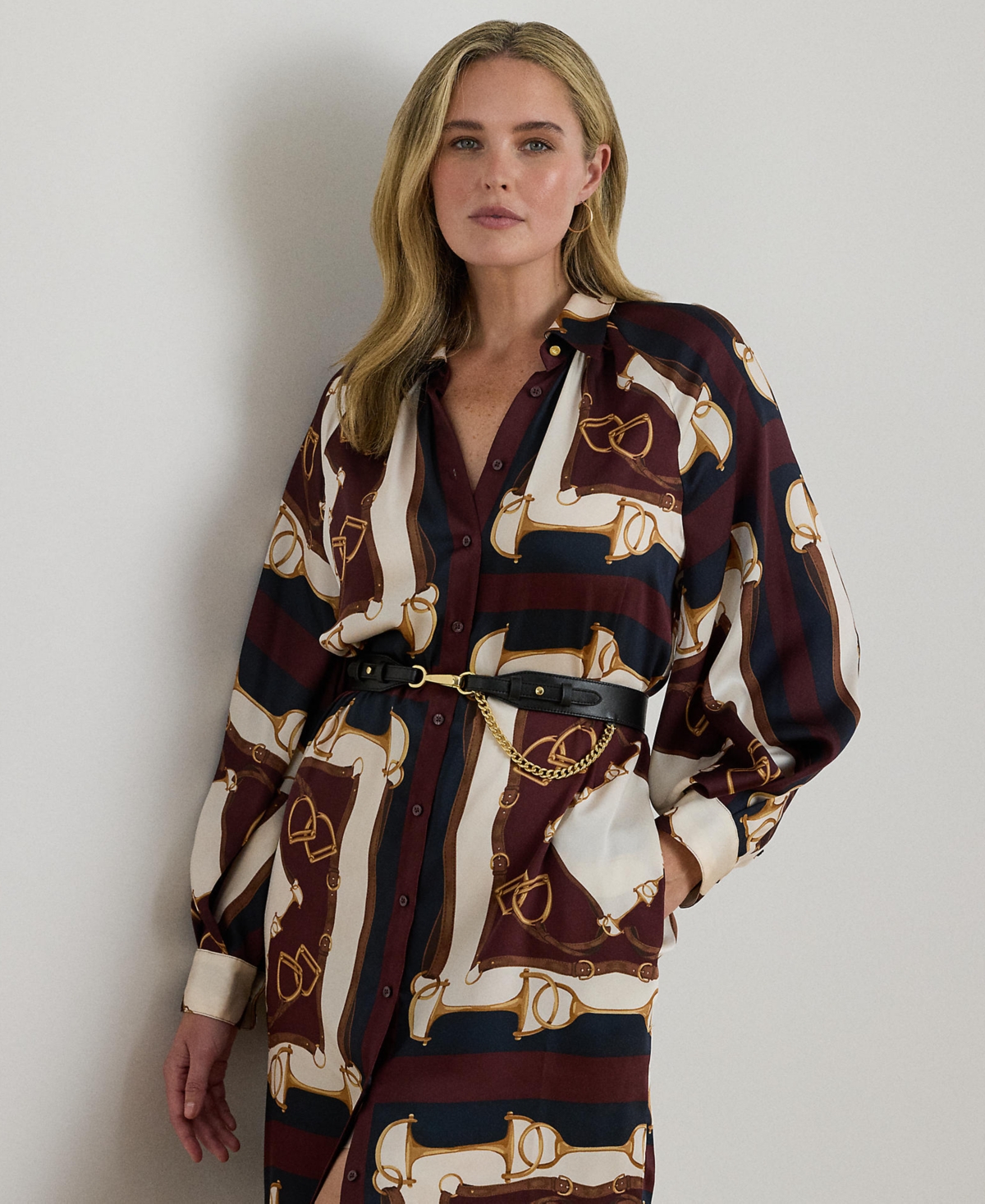 Ralph Lauren Plus Size Twill Point-collar Midi Shirt Dress In Multi