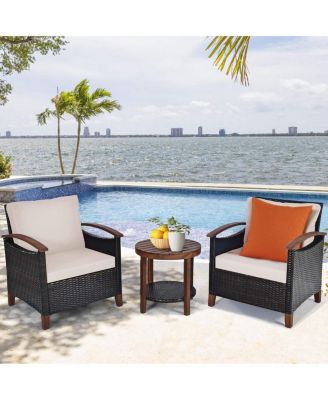 3 Pieces Patio Wicker Furniture Set with Washable Cushion and Acacia Wood Tabletop
