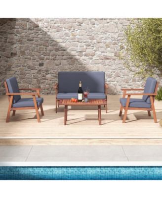 8PCS Conversation Set Acacia Wood Sofa Coffee Table w/ Cushioned Seat Patio