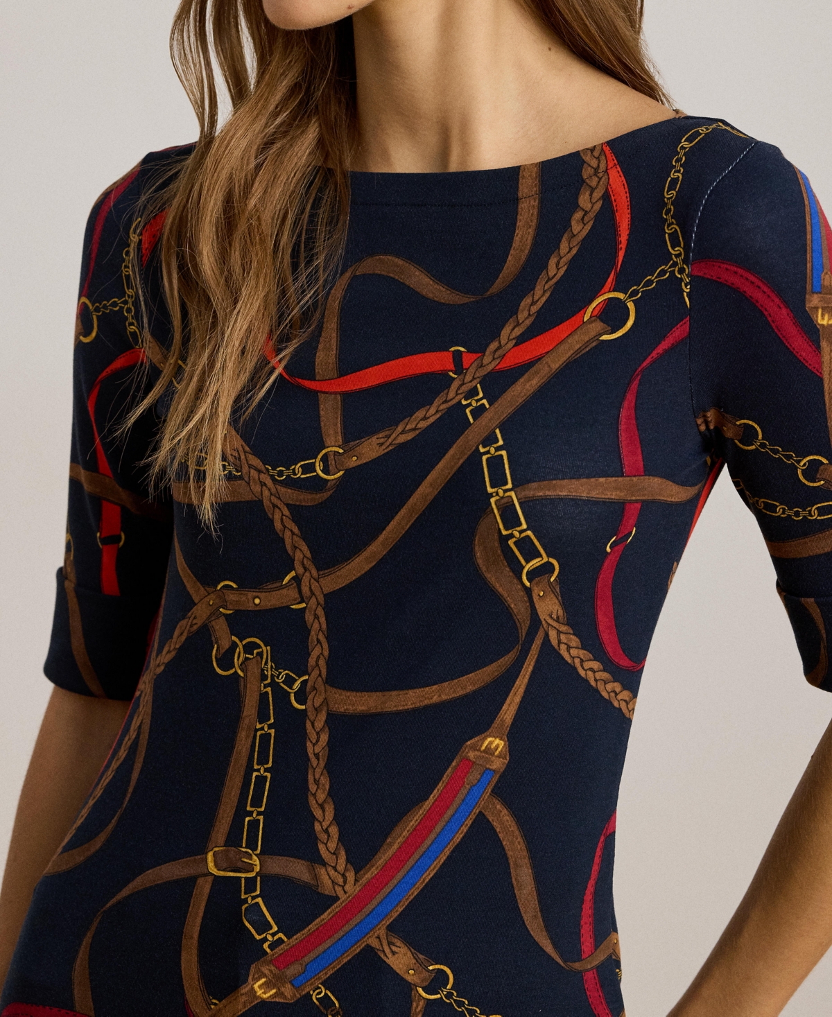 Lauren Ralph Women's Belting Print Boat Neck T-Shirt