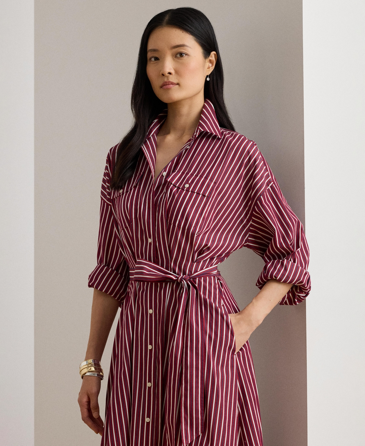 Lauren Ralph Women's Striped Belted Broadcloth Shirt dress