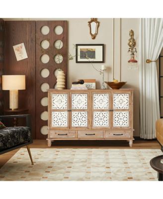 59" Chic Natural Wood Accent Storage Cabinet with 4 Doord 3 drawers