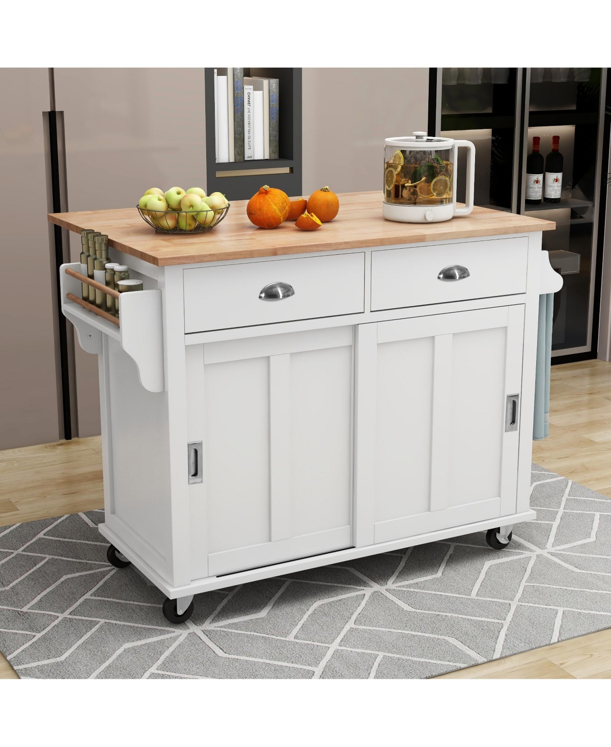 Casainc Kitchen Cart with Drop Leaf, Sliding Barn Door, Adjustable Height, Rolling Island Cabinet with Rubber Wood & 2 Drawers"