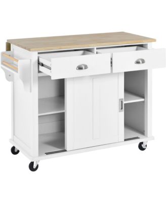 Rubber Wood Kitchen Cart with Drop Leaf, Sliding Barn Door and 2 Drawers