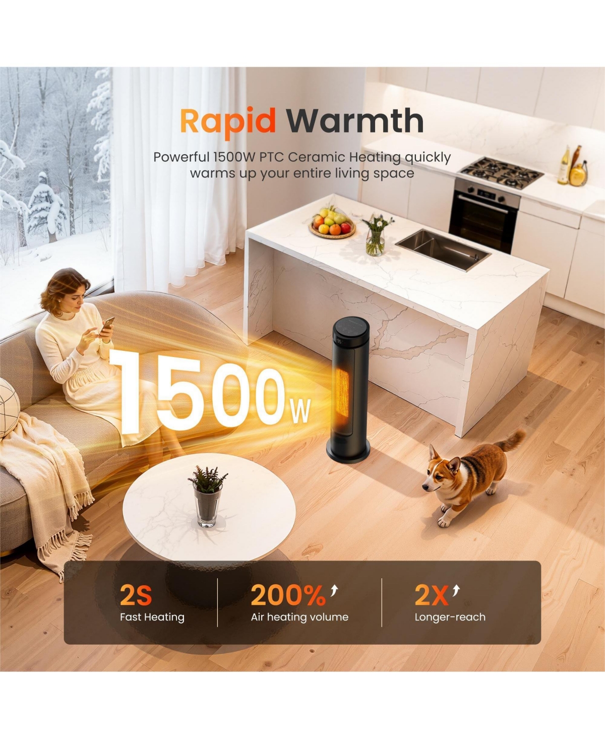 Morento Tower Space Heaters for Indoor, 1500W Heaters with Remote, Ptc Ceramic Electirc Heater for Bedroom, Overheat Protection for Office Home