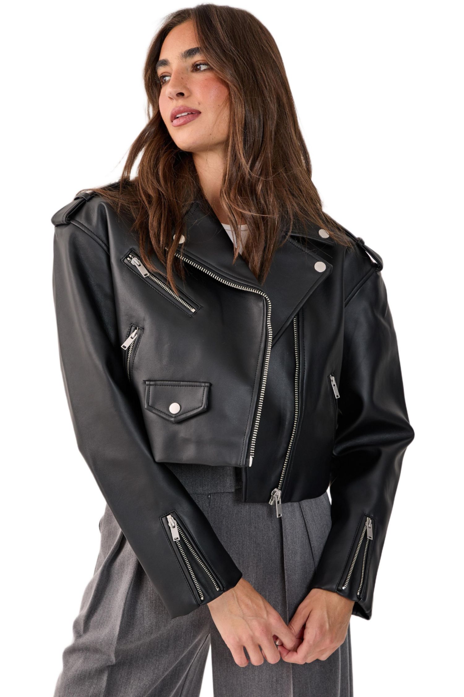 Women's Faux Leather Boxy Biker Jacket