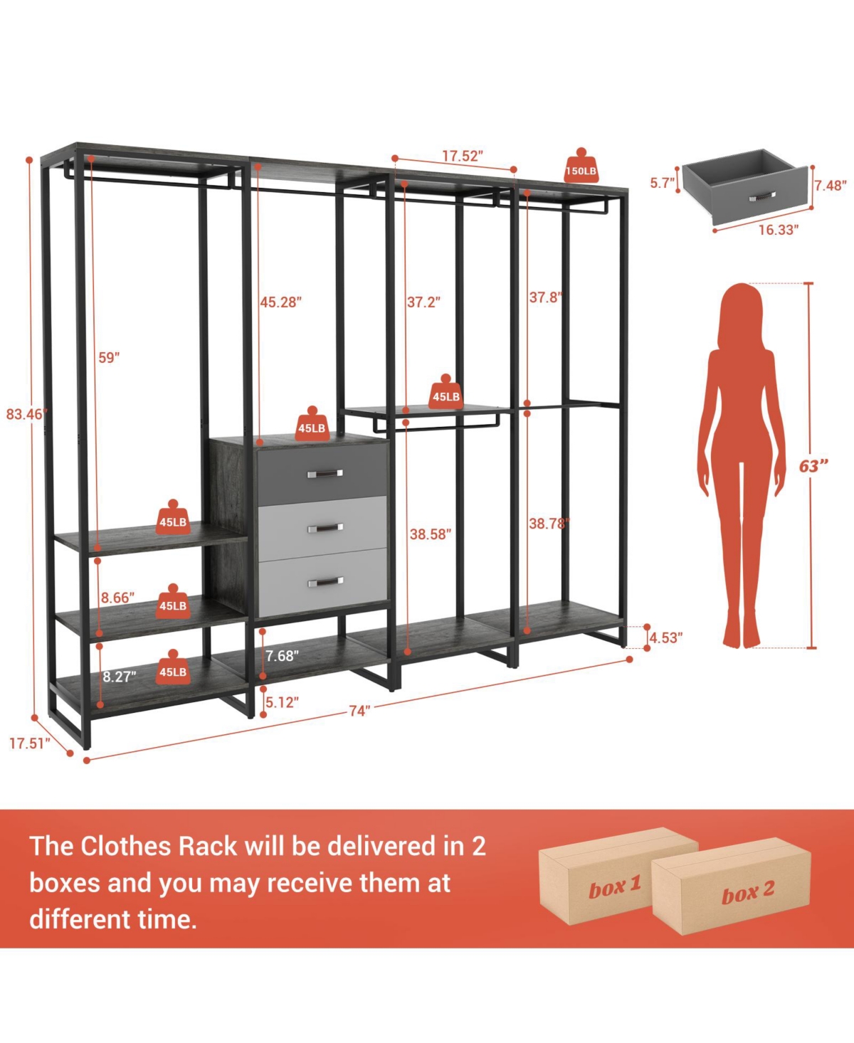 Aheaplus 74'' Closet Organizer with Wood Drawers