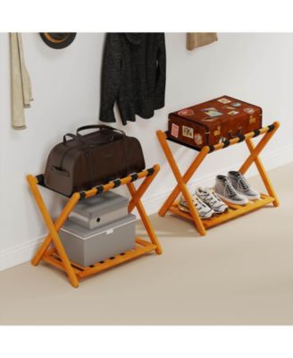 Luggage Racks Set of 2 with Storage Shelf &amp; 5 Nylon Straps Luggage Holder