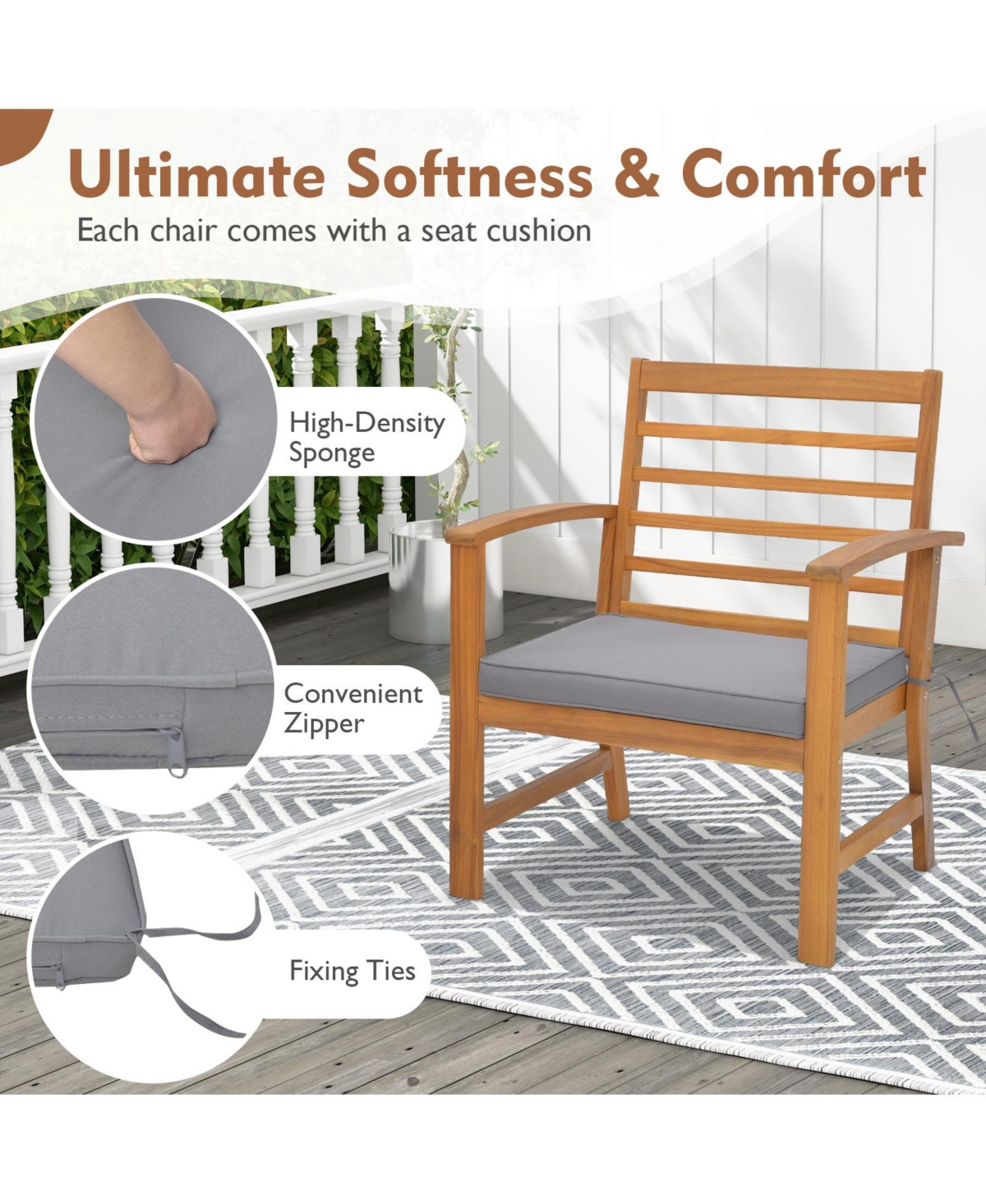 Gymax 3PCS Furniture Set Acacia Wood Conversation Set w/ Soft Seat Cushions Outdoor