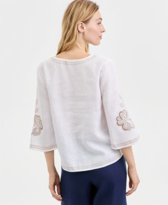 Women's Embroidered 100% Linen Split-Neck Tunic, Macy's Exclusive