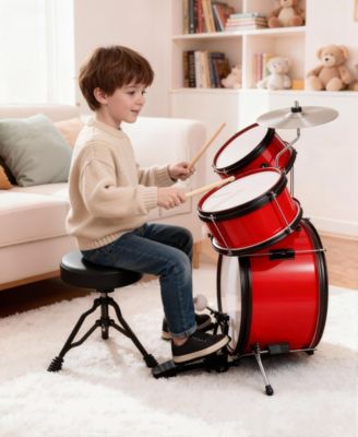 3-Piece Kids Drum Set with Adjustable Stool, Bass Pedal & Cymbal – Realistic Junior Drum Kit for Ages 3+
