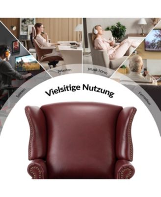 Helmuth Genuine Leather Wingback Armchair with Solid Wood Legs