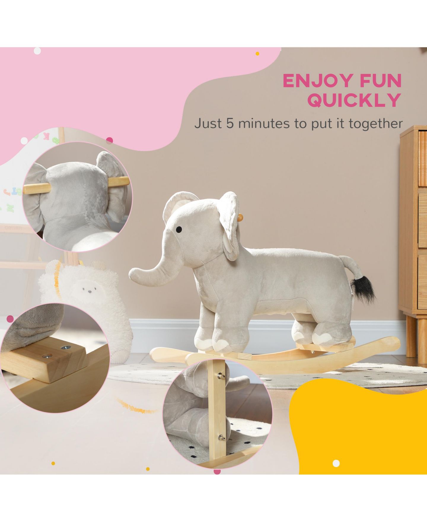 Детская игрушка Qaba Elephant Rocker with Realistic Sounds Rocking Horse, 88 lbs. Capacity, Ages 2-4, цвет: Серый — фото 5