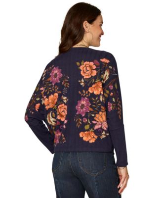 Petite Long-Sleeve Batwing Surplus Placement Print Knit Top