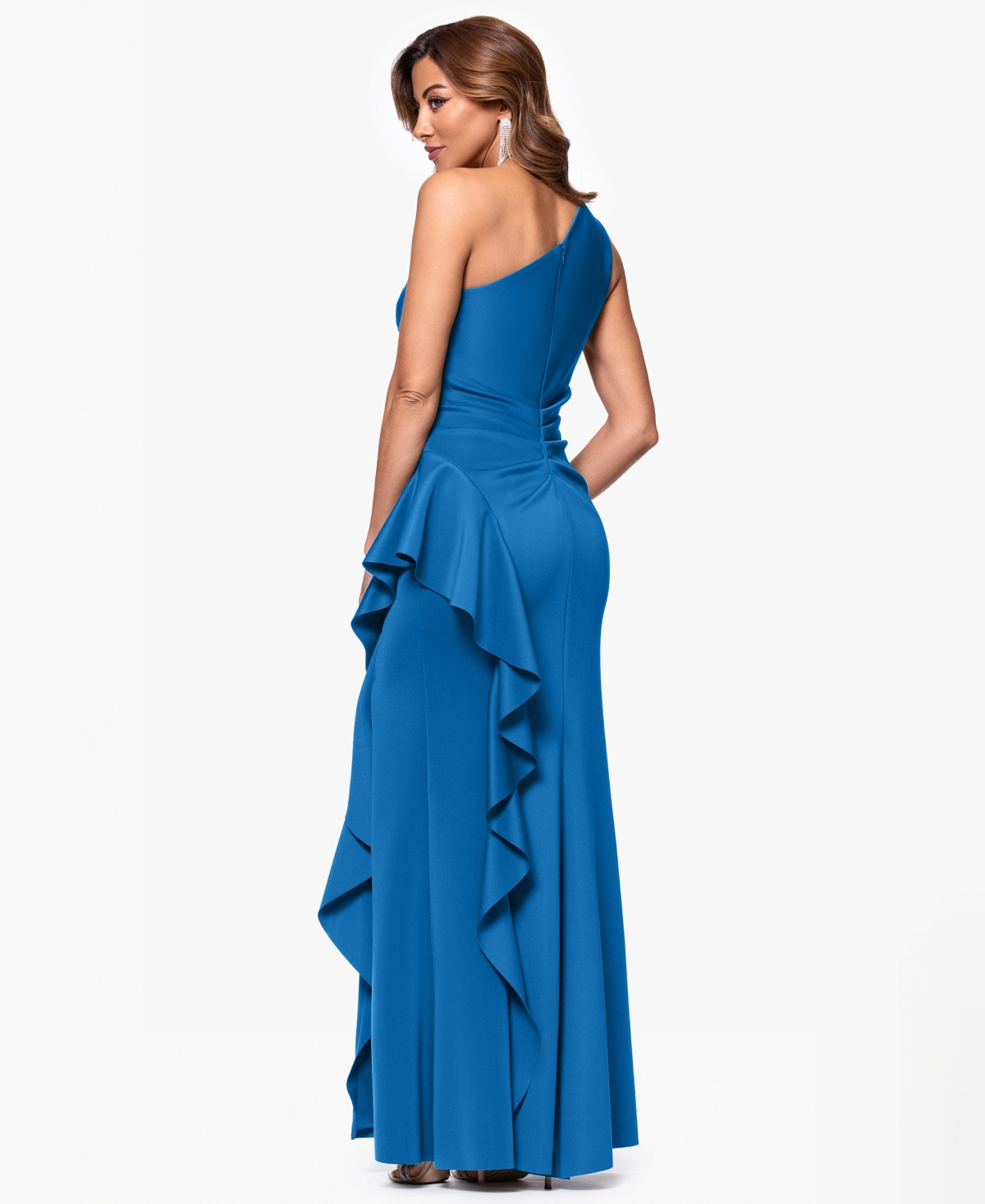 Xscape Women's Ruffled One-shoulder Scuba Gown In Blue