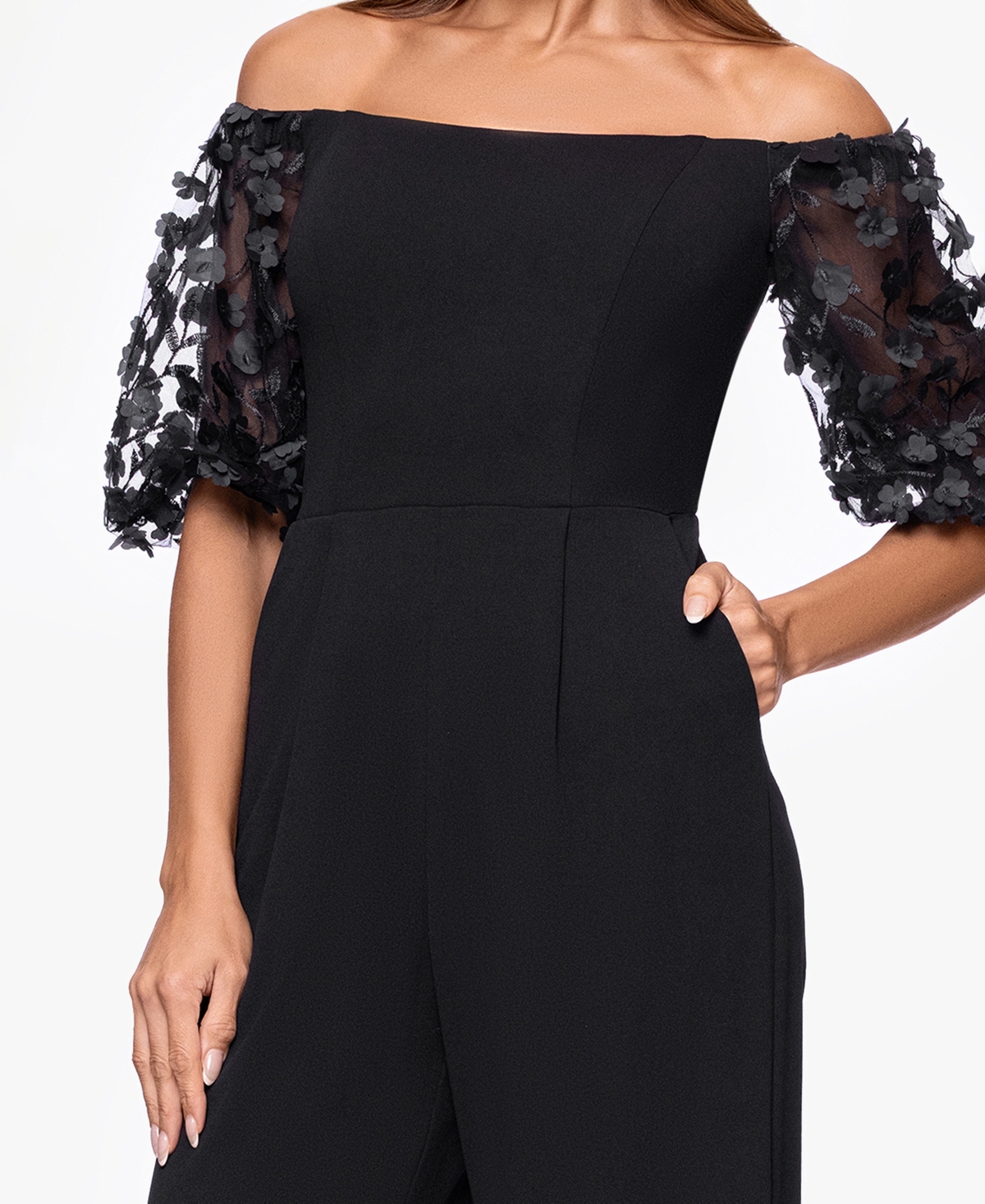 Xscape Women's Off-the-shoulder Ruched Side Floral Jumpsuit In Black