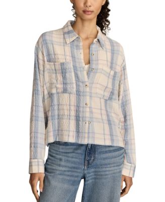 Women's Cropped Plaid Drapey Long-Sleeve Shirt