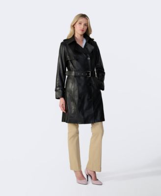 Women's Genuine Leather Trench Coat, Black