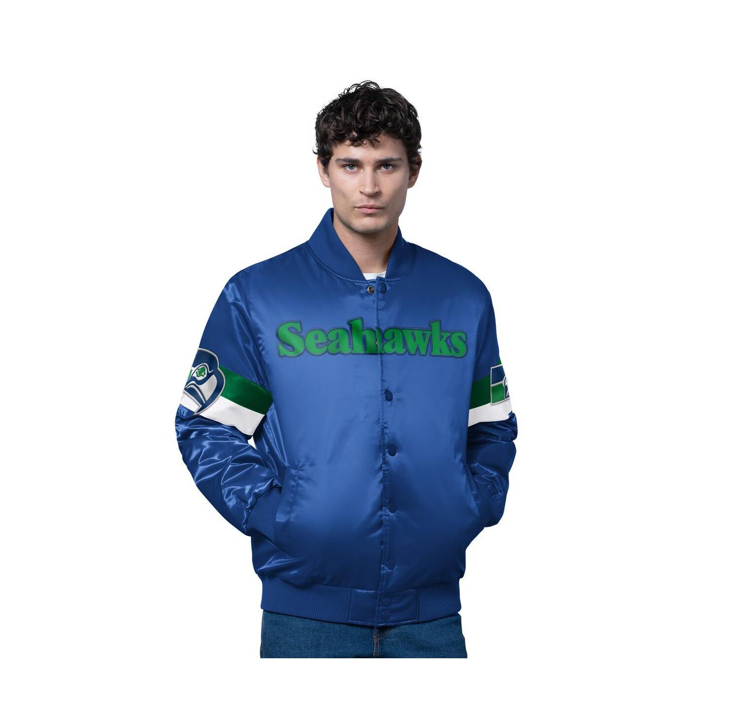 Men's Royal Seattle Seahawks Triple Option Satin Varsity Vintage Logo Full-Snap Jacket