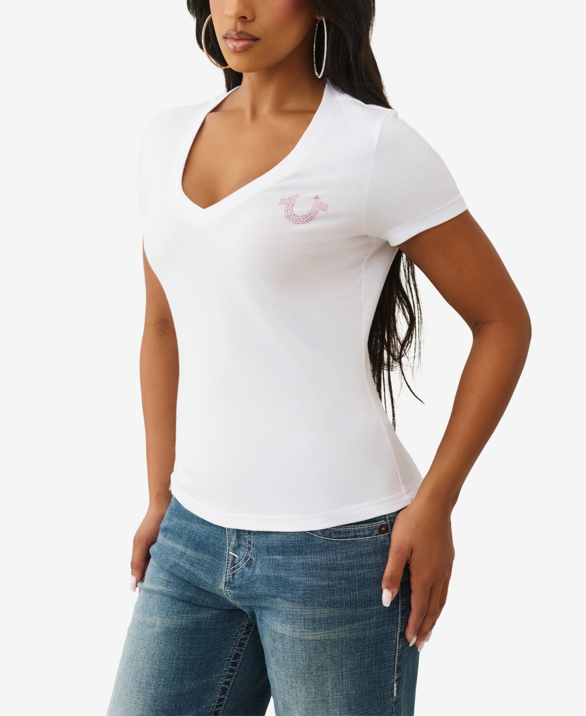 True Religion Women's Crystal Buddha V Neck T-shirt In White