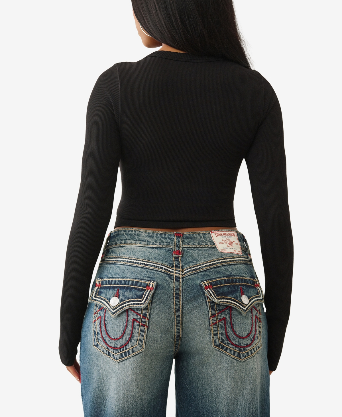 True Religion Women's Long Sleeve Seamless V Notch Top