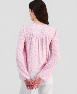 Juniors' Lace-Trim Floral-Print Pintucked Top