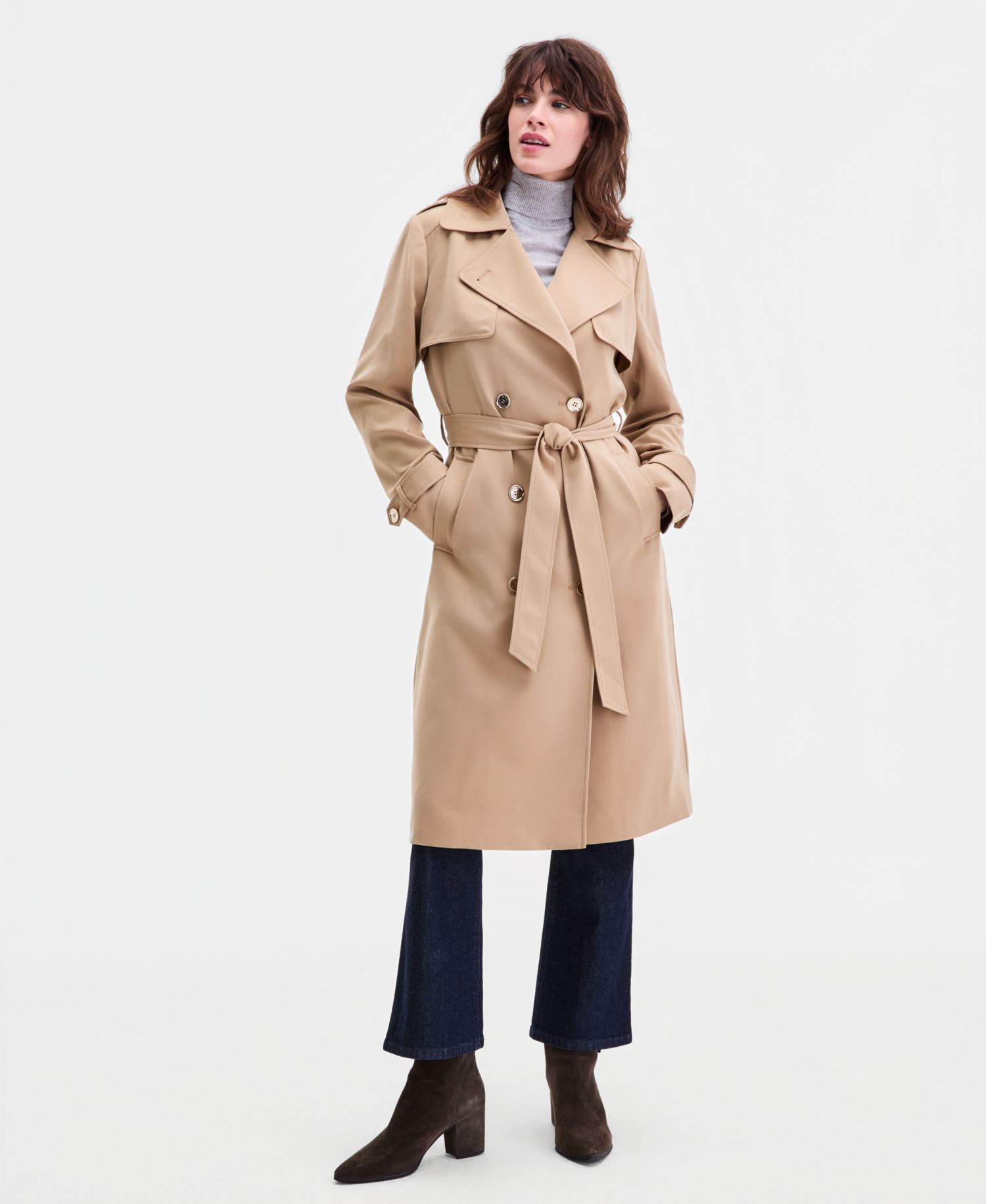 Michael Kors Petite Double-Breasted Belted Crepe Trench Coat