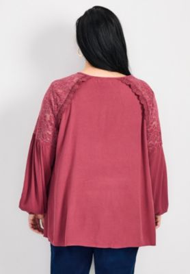 Women's Plus Size Marcie Lace Yoke Long Sleeve Top