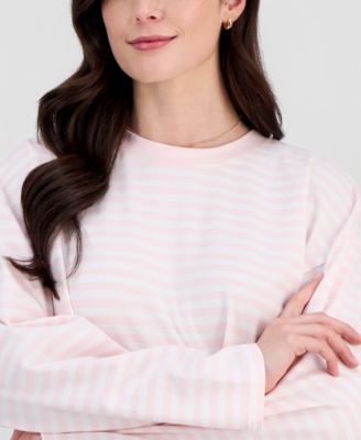 Juniors' Oversized Striped Long-Sleeve Crewneck Tee