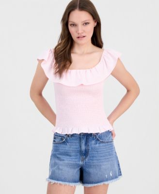 Just Polly - Juniors' Ruffled Smocked Scoop-Neck Top