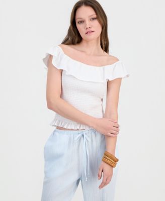 Juniors' Ruffled Smocked Scoop-Neck Top