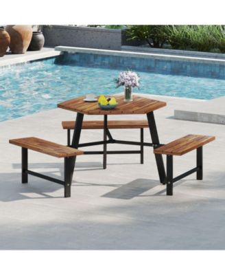 6 Person Acacia Wood Picnic Table Bench Set w/3 Seats Umbrella Hole Metal Frame