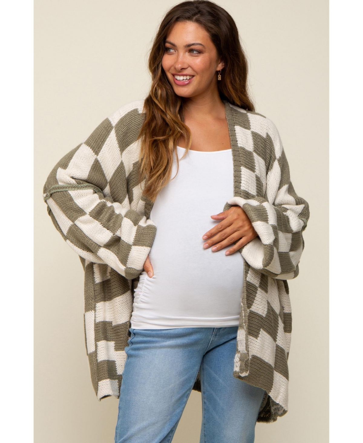 Pinkblush Women Olive Checkered Print Oversized Maternity Cardigan