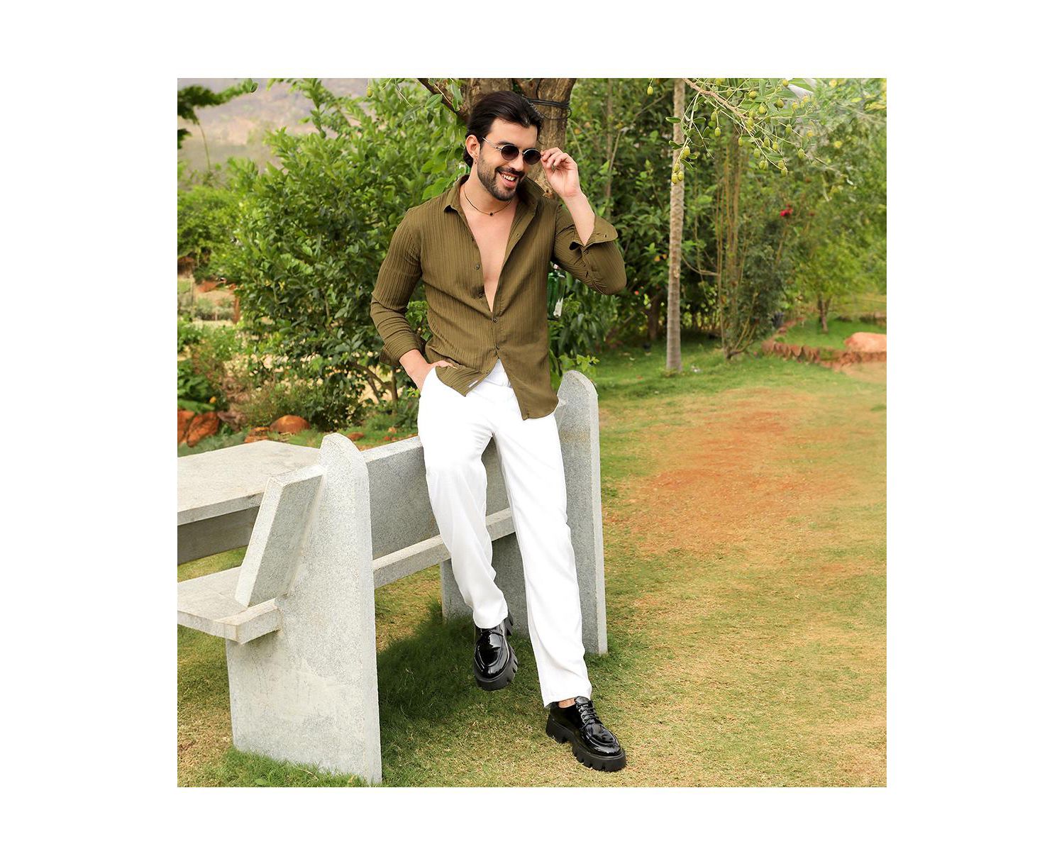Men's Olive Green Self-Design Striped Shirt