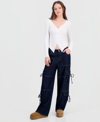 Juniors' Lace-Trim Long-Sleeve Ribbed Top