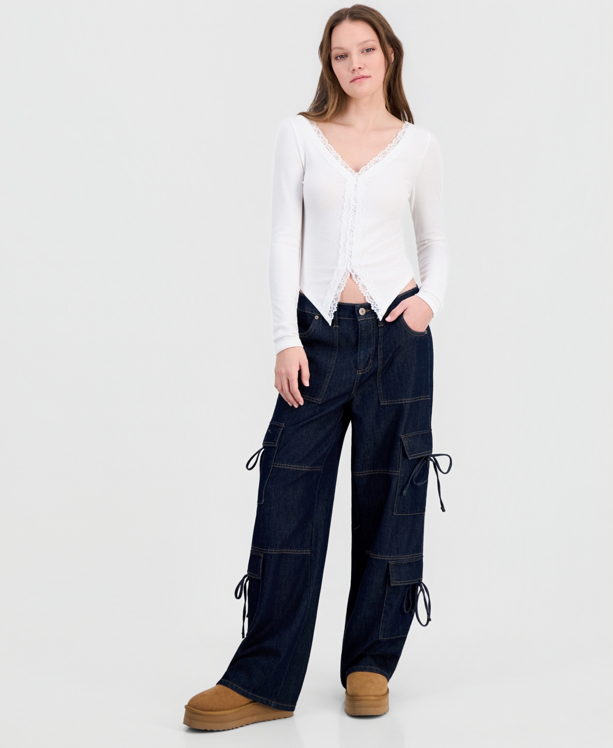 Derek Heart Juniors' Lace-Trim Long-Sleeve Ribbed Top