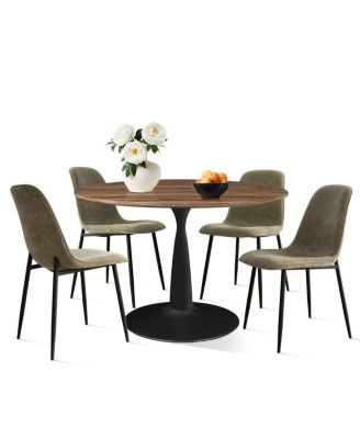 5-Piece Round Dining Table Set with Metal Base and Walnut Top, Modern Kitchen Table and Chairs for 4, Space-Saving Small Dining Set