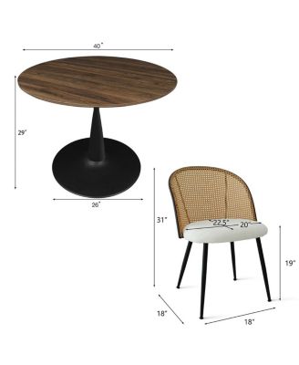 5-Piece Round Dining Table Set with Faux Rattan Back Chairs, Walnut MDF Top and Metal Base, Small Kitchen Table Set for 4