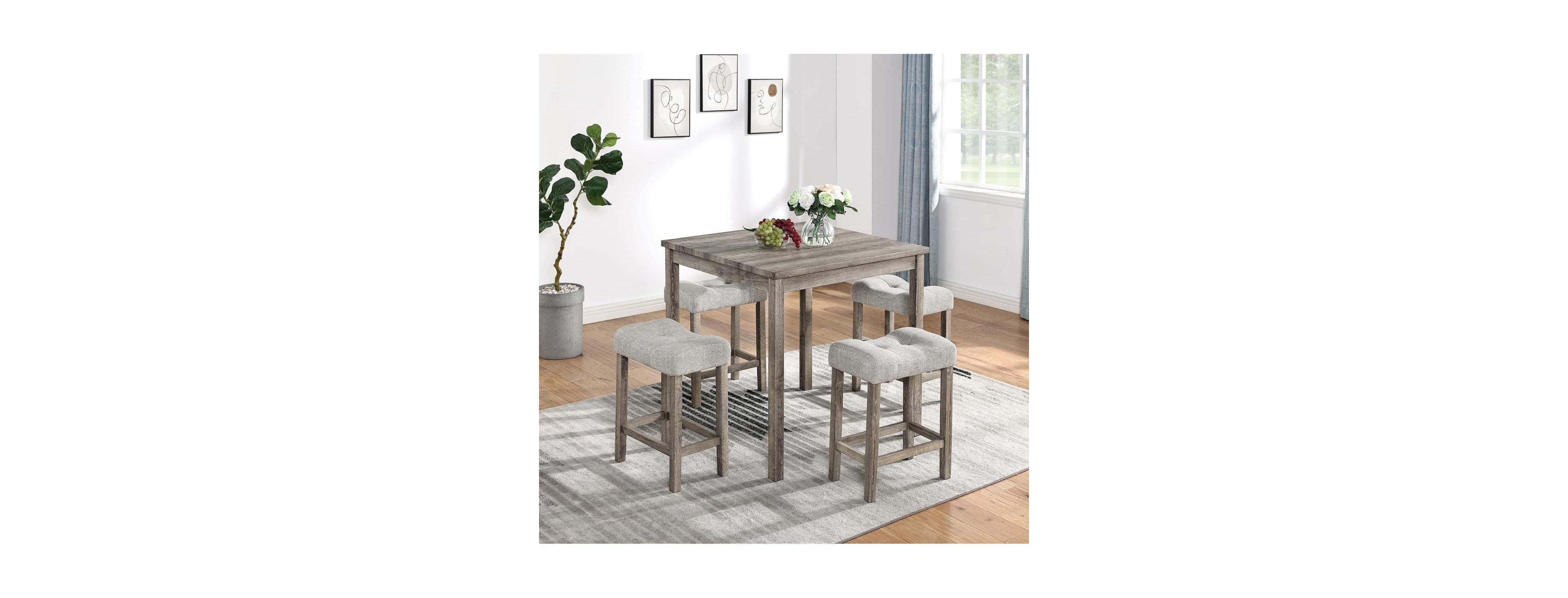 Maison Boucle 5-Piece Counter Height Dining Table Set with Upholstered Stools, Wood Grain Mdf Top and Solid Wood Legs, Space-Saving Table Set