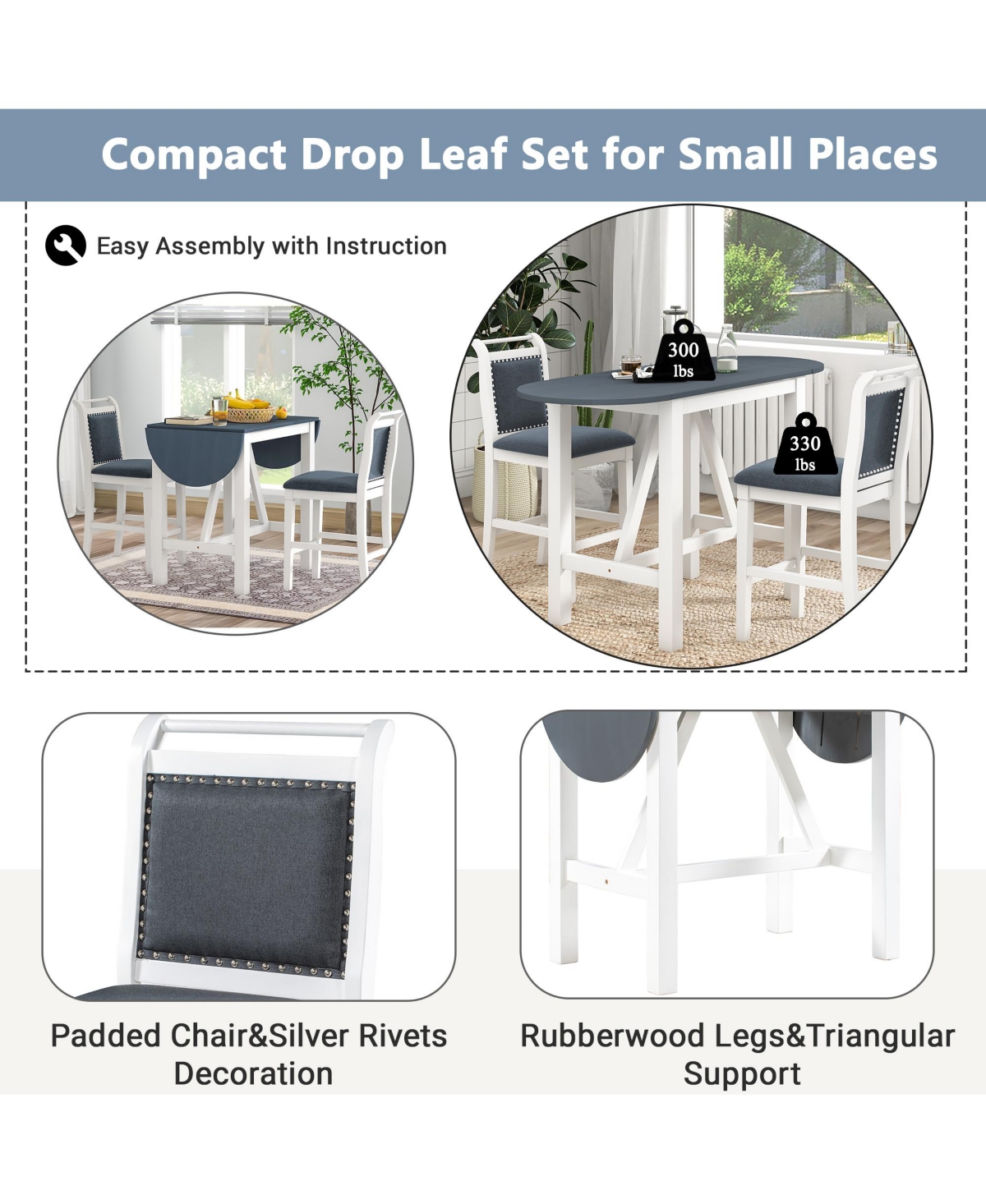 Boyel Living 3-Piece Wood Drop Leaf Counter Height Dining Table Set with 2 Upholstered Chairs