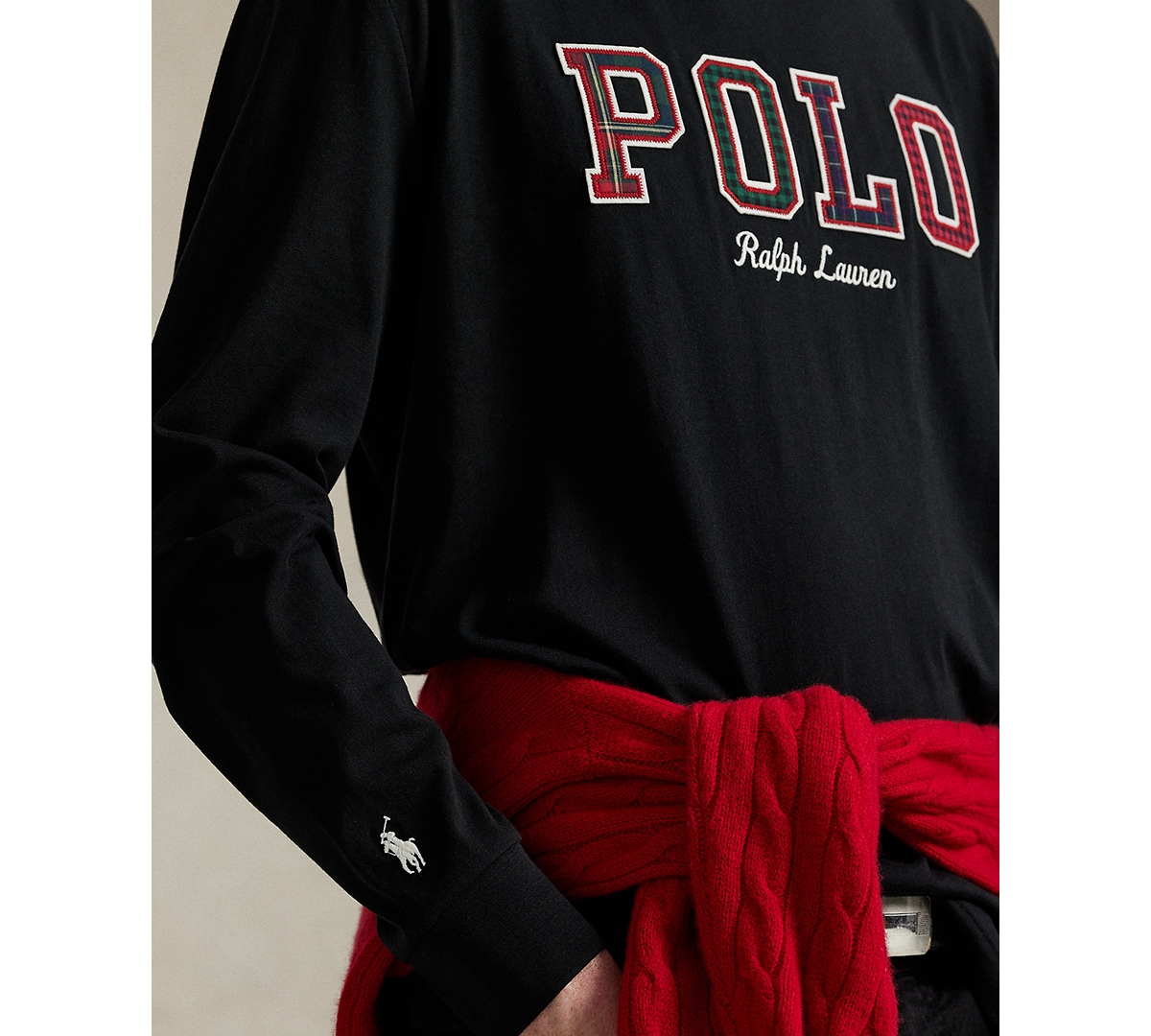 Polo Ralph Lauren Men's Long-sleeve Plaid-logo Applique T-shirt In Black