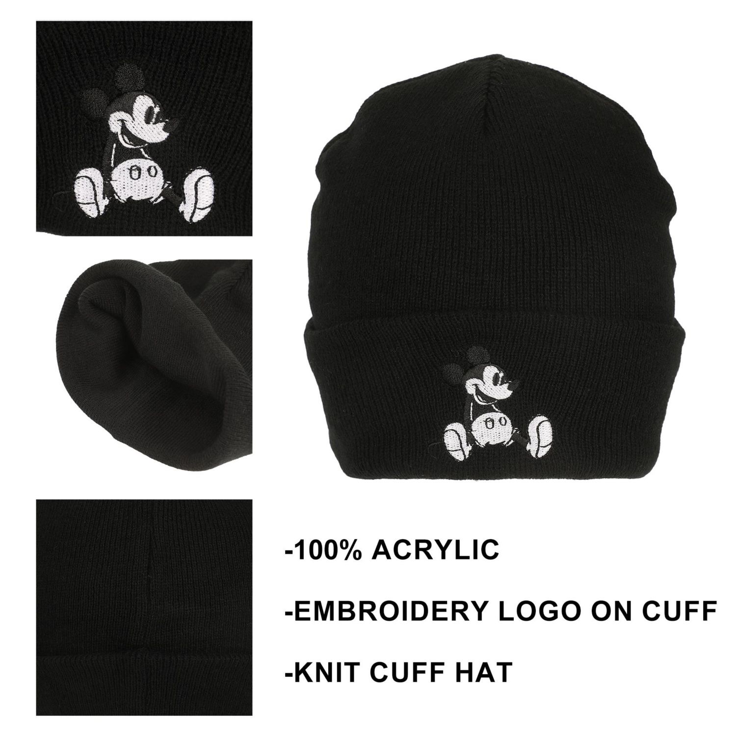 Men's Mickey Mouse Embroidery Acrylic Knit Standard Cuff Beanie